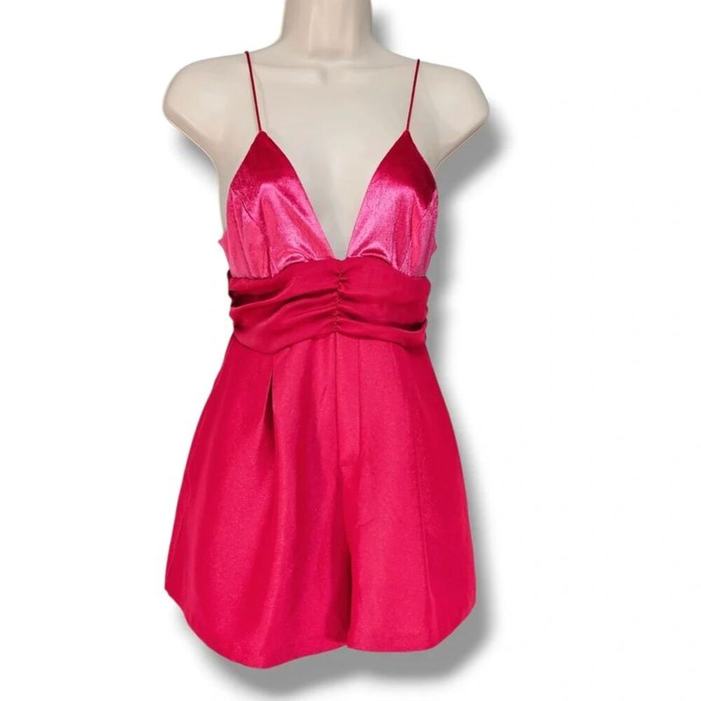 Free People Skylie Saylor Romper Size 0 Hot Pink Velvet Satin Plunging V-Neck